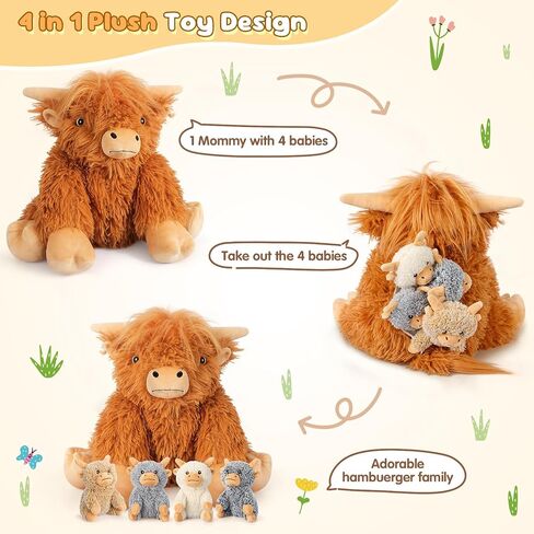 5-in-1 Highland Cow Stuffed Animals with Babies Inside, 5PC Set Highland Cow Plush Mommy & 4 Babies, Soft Pillow Plushies Decor, Cute 3 to 8 Year Old Girl Gifts, Imaginative Play Toy (Cows) in Kuwait
