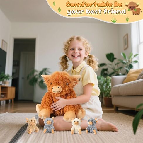 5-in-1 Highland Cow Stuffed Animals with Babies Inside, 5PC Set Highland Cow Plush Mommy & 4 Babies, Soft Pillow Plushies Decor, Cute 3 to 8 Year Old Girl Gifts, Imaginative Play Toy (Cows) in Kuwait