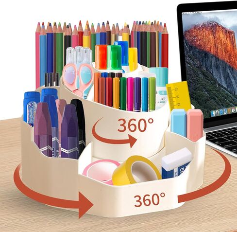 منظم مكتب الدوران المزدوج 360 درجة ، سعة كبيرة 13 فتحات لحامل القلم ، منظم العلامات ، تخزين القلم الرصاص ، الحفاظ على سطح المكتب مرتبة （أبيض） in Kuwait