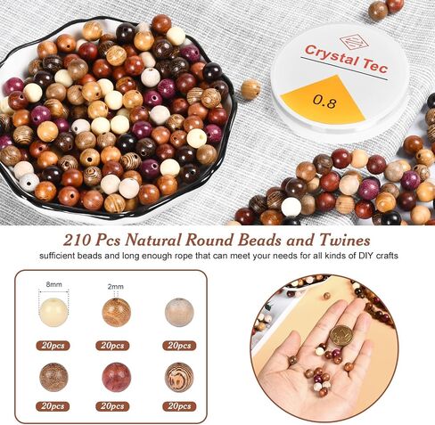 210pcs Wooden Beads for Crafts, Vintage Round Natural Wood Hair Bead, Wood Beads for Jewelry Making，Beads for Crafts，8mm Colorful Loose Spacer for Macrame Necklace Bracelet DIY Handmade Decor in Saudi Arabia