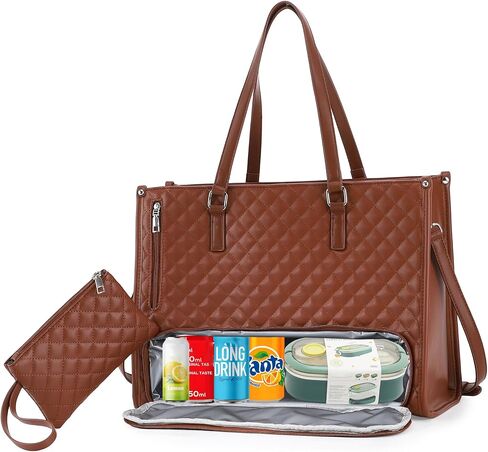 Laptop Tote Bag with Insulated Lunch Compartment for Women, 15.6 Inch PU Leather Briefcase with Leakproof Lunch Box Pocket in Saudi Arabia