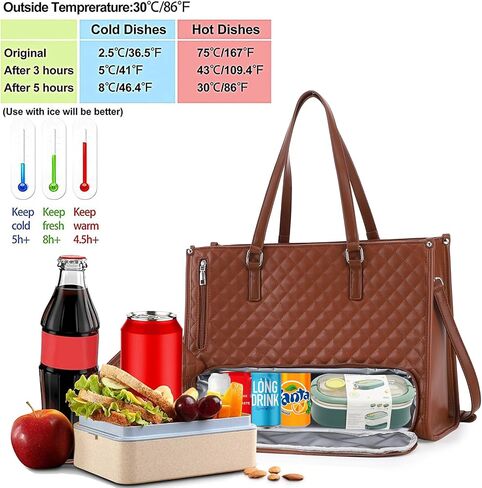Laptop Tote Bag with Insulated Lunch Compartment for Women, 15.6 Inch PU Leather Briefcase with Leakproof Lunch Box Pocket in Saudi Arabia