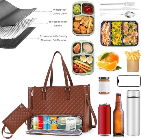 Laptop Tote Bag with Insulated Lunch Compartment for Women, 15.6 Inch PU Leather Briefcase with Leakproof Lunch Box Pocket in Saudi Arabia