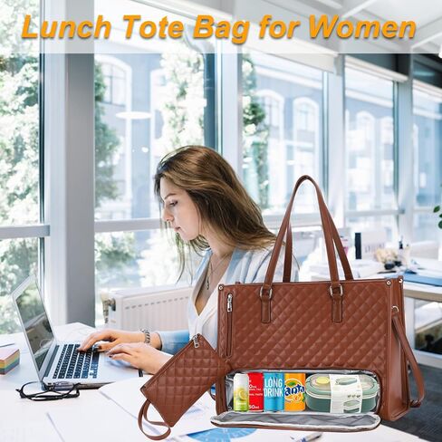 Laptop Tote Bag with Insulated Lunch Compartment for Women, 15.6 Inch PU Leather Briefcase with Leakproof Lunch Box Pocket in Saudi Arabia