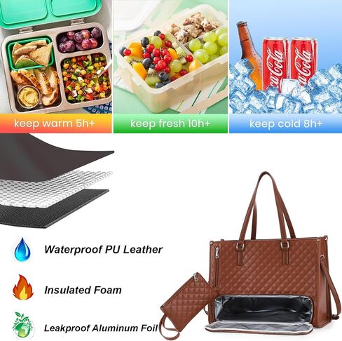 Laptop Tote Bag with Insulated Lunch Compartment for Women, 15.6 Inch PU Leather Briefcase with Leakproof Lunch Box Pocket in Saudi Arabia