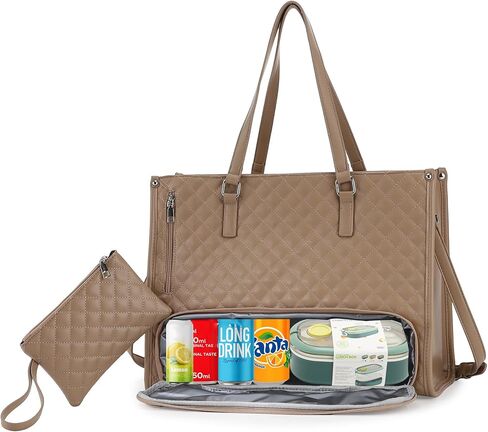 Laptop Tote Bag with Insulated Lunch Compartment for Women, 15.6 Inch PU Leather Briefcase with Leakproof Lunch Box Pocket in Saudi Arabia