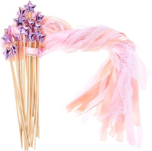 24 Pack Fairy Wands, Ribbon Lace Fairy Wands with Bells, Decorative Silk Stick with Streamers for Wedding Birthday Party, Pretty Pentagram Ribbon for Girls in Kuwait