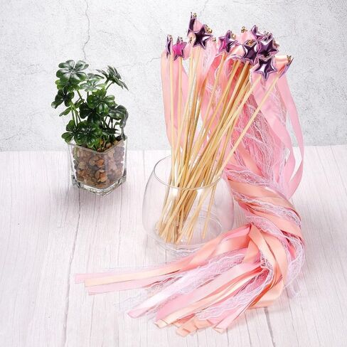 24 Pack Fairy Wands, Ribbon Lace Fairy Wands with Bells, Decorative Silk Stick with Streamers for Wedding Birthday Party, Pretty Pentagram Ribbon for Girls in Kuwait