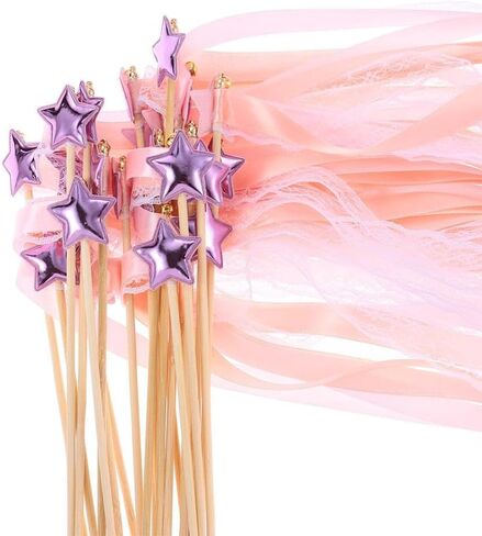 24 Pack Fairy Wands, Ribbon Lace Fairy Wands with Bells, Decorative Silk Stick with Streamers for Wedding Birthday Party, Pretty Pentagram Ribbon for Girls in Kuwait