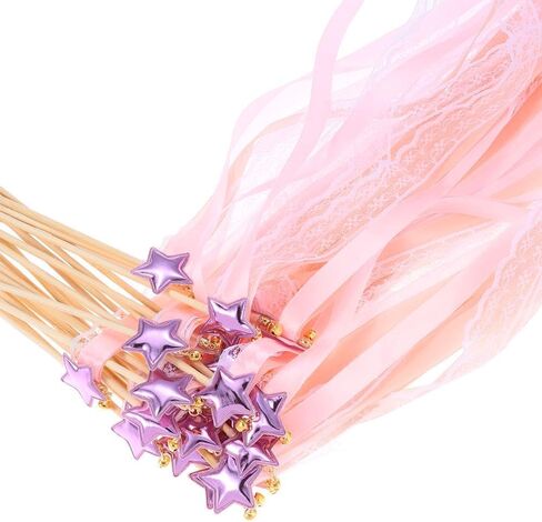 24 Pack Fairy Wands, Ribbon Lace Fairy Wands with Bells, Decorative Silk Stick with Streamers for Wedding Birthday Party, Pretty Pentagram Ribbon for Girls in Kuwait