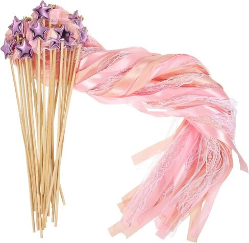 24 Pack Fairy Wands, Ribbon Lace Fairy Wands with Bells, Decorative Silk Stick with Streamers for Wedding Birthday Party, Pretty Pentagram Ribbon for Girls in Kuwait