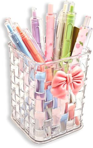 Pen Holder for Desk Cute Acrylic Makeup Brush Holder, Woven Texture with Bow Decor, Desk Stationery Desktop Caddy Cosmetic Accessories for Office, Home, School, Kitchen - Clear White in Saudi Arabia
