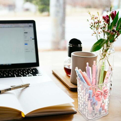 Pen Holder for Desk Cute Acrylic Makeup Brush Holder, Woven Texture with Bow Decor, Desk Stationery Desktop Caddy Cosmetic Accessories for Office, Home, School, Kitchen - Clear White in Saudi Arabia