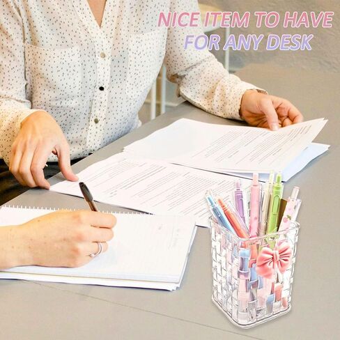Pen Holder for Desk Cute Acrylic Makeup Brush Holder, Woven Texture with Bow Decor, Desk Stationery Desktop Caddy Cosmetic Accessories for Office, Home, School, Kitchen - Clear White in Saudi Arabia