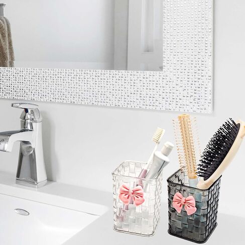 Pen Holder for Desk Cute Acrylic Makeup Brush Holder, Woven Texture with Bow Decor, Desk Stationery Desktop Caddy Cosmetic Accessories for Office, Home, School, Kitchen - Clear White in Saudi Arabia