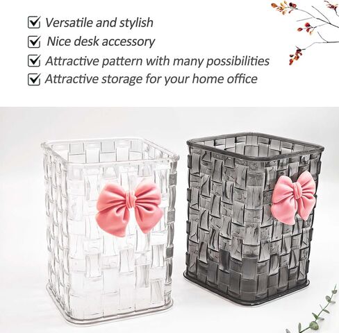 Pen Holder for Desk Cute Acrylic Makeup Brush Holder, Woven Texture with Bow Decor, Desk Stationery Desktop Caddy Cosmetic Accessories for Office, Home, School, Kitchen - Clear White in Saudi Arabia