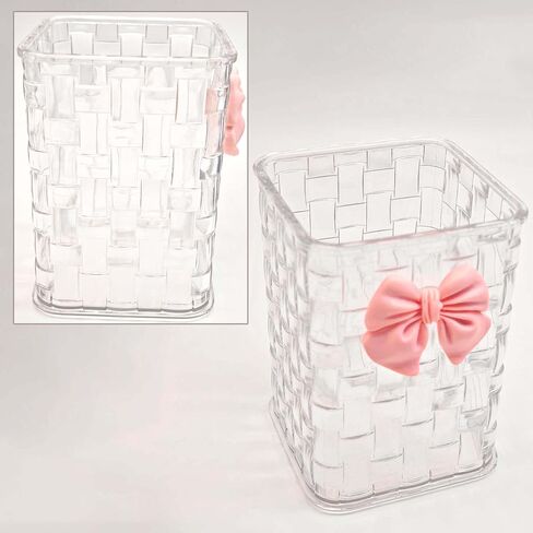 Pen Holder for Desk Cute Acrylic Makeup Brush Holder, Woven Texture with Bow Decor, Desk Stationery Desktop Caddy Cosmetic Accessories for Office, Home, School, Kitchen - Clear White in Saudi Arabia