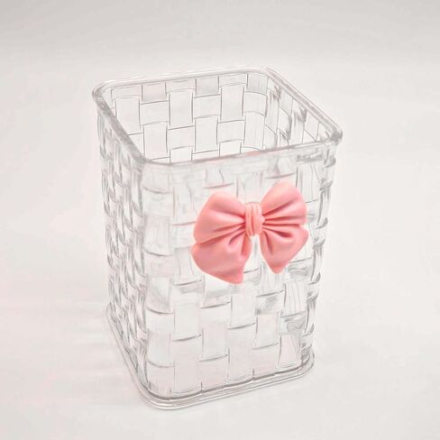 Pen Holder for Desk Cute Acrylic Makeup Brush Holder, Woven Texture with Bow Decor, Desk Stationery Desktop Caddy Cosmetic Accessories for Office, Home, School, Kitchen - Clear White in Saudi Arabia