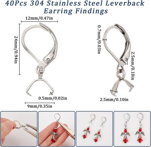SUNNYCLUE 1 Box 40Pcs Leverback Ear Wires Silver Earring Hooks Bulk Metal 304 Stainless Steel Dangle Wire Hook Findings with Ice Pick Pinch Bails for Jewelry Making Earrings DIY Crafts Accessories in Saudi Arabia