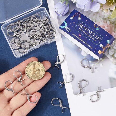 SUNNYCLUE 1 Box 40Pcs Leverback Ear Wires Silver Earring Hooks Bulk Metal 304 Stainless Steel Dangle Wire Hook Findings with Ice Pick Pinch Bails for Jewelry Making Earrings DIY Crafts Accessories in Saudi Arabia