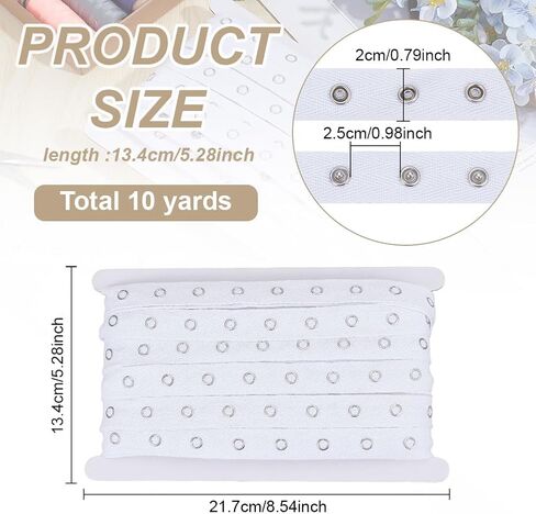 FREEBLOSS 10 Yards 0.8'' Wide Metal Snap Button Tape with Cotton Trim 1" Spacing Fastener Press Stud Ribbon for Sewing DIY Clothing Accessories, White in Saudi Arabia