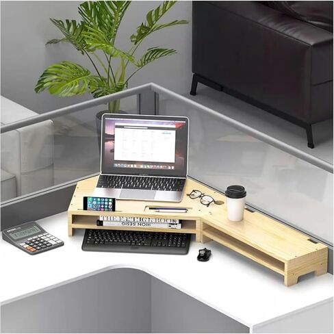 Triangle Monitor Riser for Dual Monitors, Corner Desktop Stand with Storage, Solid Wood Laptop Desk Shelf, Ergonomic Computer Monitor Elevation in Saudi Arabia