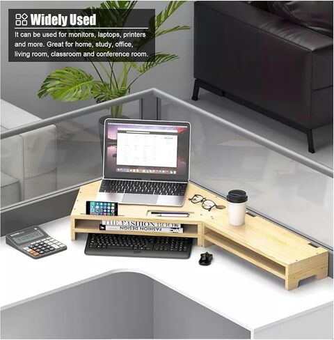 Triangle Monitor Riser for Dual Monitors, Corner Desktop Stand with Storage, Solid Wood Laptop Desk Shelf, Ergonomic Computer Monitor Elevation in Saudi Arabia