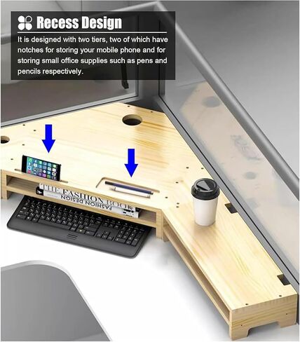 Triangle Monitor Riser for Dual Monitors, Corner Desktop Stand with Storage, Solid Wood Laptop Desk Shelf, Ergonomic Computer Monitor Elevation in Saudi Arabia