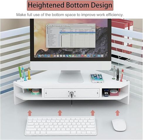 Ergonomic Triangle Monitor Stand with Drawer, Corner Computer Riser, Adjustable Desk Organizer, Space-Saving Storage Rack for Home & Office Use in Saudi Arabia