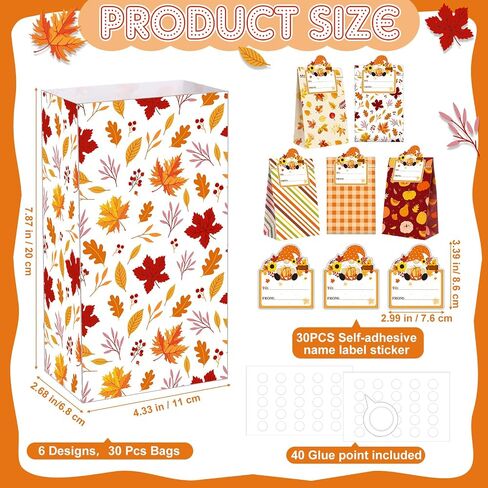 Blosssound 30 Pack Fall Paper Treat Bags Autumn Goody Bags with Stickers Pumpkin Maple Leaves Design Thanksgiving Halloween Orange Gift Wraps Candy Cookie Paper Pouches Home Holiday Party Supplies in Saudi Arabia