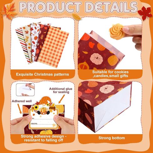 Blosssound 30 Pack Fall Paper Treat Bags Autumn Goody Bags with Stickers Pumpkin Maple Leaves Design Thanksgiving Halloween Orange Gift Wraps Candy Cookie Paper Pouches Home Holiday Party Supplies in Saudi Arabia