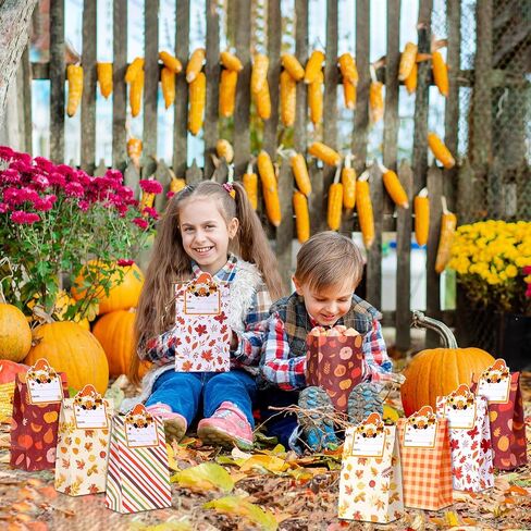 Blosssound 30 Pack Fall Paper Treat Bags Autumn Goody Bags with Stickers Pumpkin Maple Leaves Design Thanksgiving Halloween Orange Gift Wraps Candy Cookie Paper Pouches Home Holiday Party Supplies in Saudi Arabia