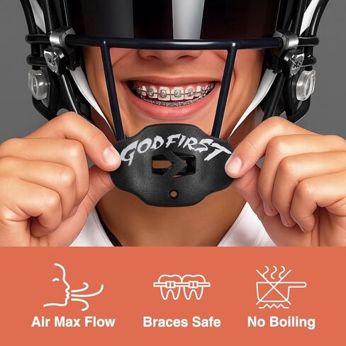 SLEEFS Football Mouth Guard - Lip/Mouthguard with Helmet Strap - Lip/Teeth Protector Mouthpiece - No Boil - for Youth/Adults, Maximum Air Flow, for All Sports - God First in Black in Kuwait