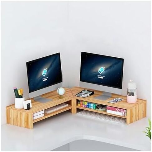 Brown Triangle Monitor Stand Riser for Dual Monitors - Corner Desk Organizer for Office & Home Use, Space-Saving Design for Enhanced Productivity and Comfort in Saudi Arabia