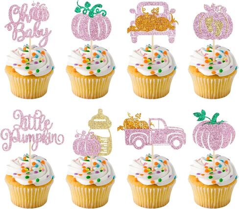 48pcs Glitter Pumpkin Oh Baby Cupcake Topcake Topcake Pink Little Pumpcake Cupcake Topcake Fall Fall Pumpkin Babin Baby Cupcake لخريف عيد الشكر ، فالجنومين ، تكشف عن زينة كعكة الحفلات in Kuwait