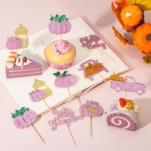 48pcs Glitter Pumpkin Oh Baby Cupcake Topcake Topcake Pink Little Pumpcake Cupcake Topcake Fall Fall Pumpkin Babin Baby Cupcake لخريف عيد الشكر ، فالجنومين ، تكشف عن زينة كعكة الحفلات in Kuwait
