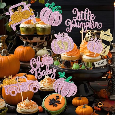 48pcs Glitter Pumpkin Oh Baby Cupcake Topcake Topcake Pink Little Pumpcake Cupcake Topcake Fall Fall Pumpkin Babin Baby Cupcake لخريف عيد الشكر ، فالجنومين ، تكشف عن زينة كعكة الحفلات in Kuwait