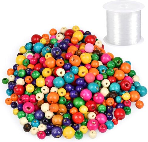 WOWOSS 1000 PCS حبات خشبية ملونة ، 500 × 8 مم + 200x10mm + 200x12mm + 100x14mm ، 10 ألوان ، حبات خشبية ملونة للحرف اليدوية ، صنع المجوهرات ، الأساور ، مع سلك سلك مسدود 164 قدم in Kuwait