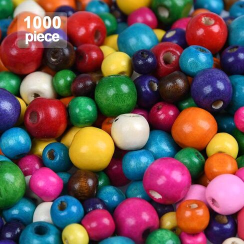 WOWOSS 1000 PCS حبات خشبية ملونة ، 500 × 8 مم + 200x10mm + 200x12mm + 100x14mm ، 10 ألوان ، حبات خشبية ملونة للحرف اليدوية ، صنع المجوهرات ، الأساور ، مع سلك سلك مسدود 164 قدم in Kuwait