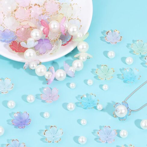 120Pcs Cherry Blossom Acrylic Flower Beads, Shiny Gold-Plated Floral Spacer Beads 5-Petal Gradient Floral Beads for Necklaces Bracelets Earrings Cell Phone Chain DIY Jewelry Making,Mixed Color in Kuwait
