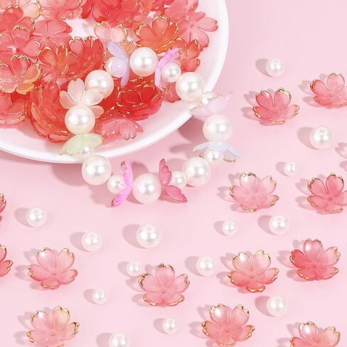 120Pcs Cherry Blossom Acrylic Flower Beads, Shiny Gold-Plated Floral Spacer Beads 5-Petal Gradient Floral Beads for Necklaces Bracelets Earrings Cell Phone Chain DIY Jewelry Making,Mixed Color in Kuwait