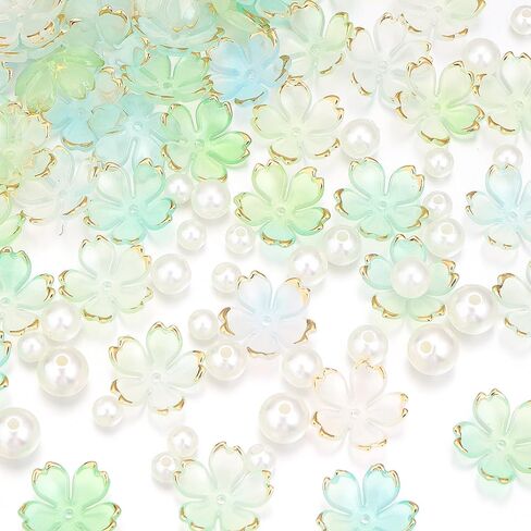 120Pcs Cherry Blossom Acrylic Flower Beads, Shiny Gold-Plated Floral Spacer Beads 5-Petal Gradient Floral Beads for Necklaces Bracelets Earrings Cell Phone Chain DIY Jewelry Making,Mixed Color in Kuwait
