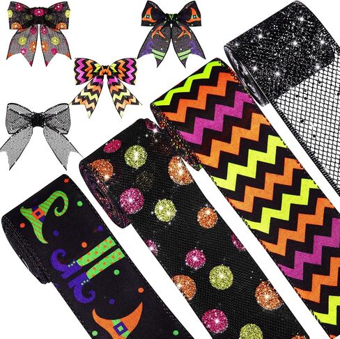 Syhood 4 Rolls 24 Yards 2.5 Inch Halloween Glitter Wired Edge Ribbons Witch Leg Hat Striped Dot Printed Ribbon Halloween Wired Edge Glitter Gift Wrapping Supplies for Wreath DIY Craft Party Decoration in Saudi Arabia