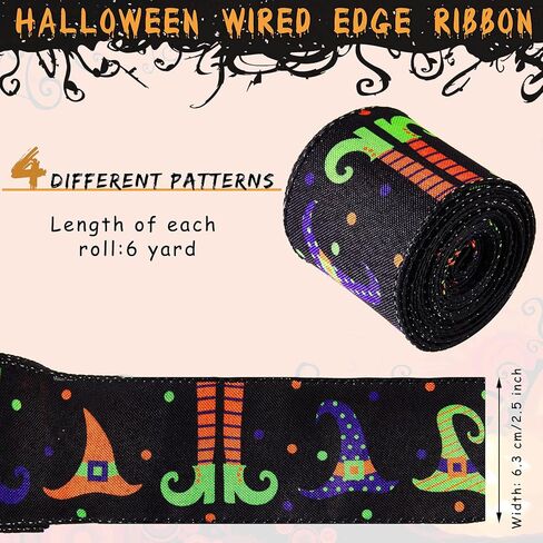 Syhood 4 Rolls 24 Yards 2.5 Inch Halloween Glitter Wired Edge Ribbons Witch Leg Hat Striped Dot Printed Ribbon Halloween Wired Edge Glitter Gift Wrapping Supplies for Wreath DIY Craft Party Decoration in Saudi Arabia