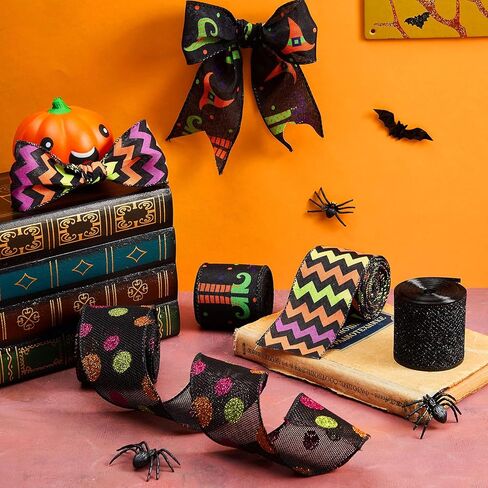 Syhood 4 Rolls 24 Yards 2.5 Inch Halloween Glitter Wired Edge Ribbons Witch Leg Hat Striped Dot Printed Ribbon Halloween Wired Edge Glitter Gift Wrapping Supplies for Wreath DIY Craft Party Decoration in Saudi Arabia
