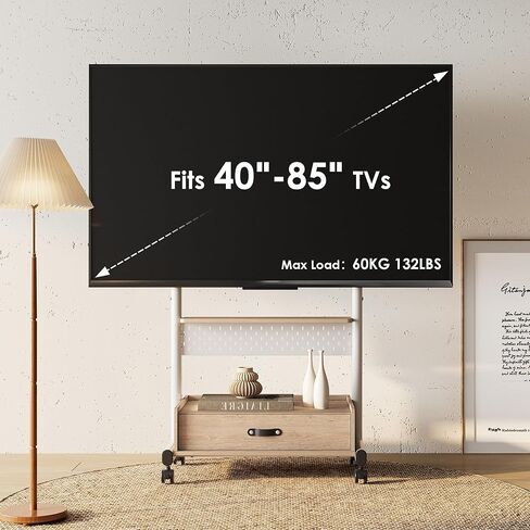 Fitueyes Rolling TV Floor Stand للحصول على أجهزة تلفزيون 40-85 بوصة ، وقوف تلفزيوني للهواتف المحمولة الشاقة على عجلات قابلة للقفل ، وعربة تلفزيونية مع رف تخزين خشبي كبير مع درج وألواح تصل إلى 132 رطلاً لغرفة النوم ، وغرفة المعيشة ، والمكتب in Kuwait