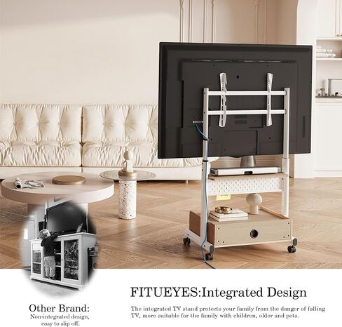 Fitueyes Rolling TV Floor Stand للحصول على أجهزة تلفزيون 40-85 بوصة ، وقوف تلفزيوني للهواتف المحمولة الشاقة على عجلات قابلة للقفل ، وعربة تلفزيونية مع رف تخزين خشبي كبير مع درج وألواح تصل إلى 132 رطلاً لغرفة النوم ، وغرفة المعيشة ، والمكتب in Kuwait