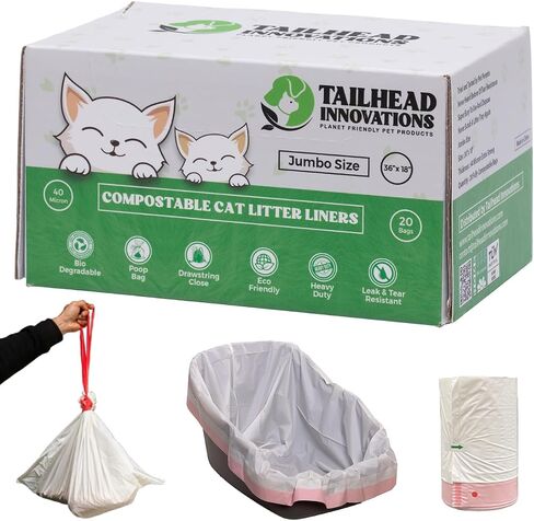 Tailhead Robot Liners – 100% Compostable - Compatible With Litter Robot 3/4 – 25" x 16" – Drawstring Close – Scent & Toxins Free – 40 Micron - Rip & Tear Resistant – 20 Count in Saudi Arabia