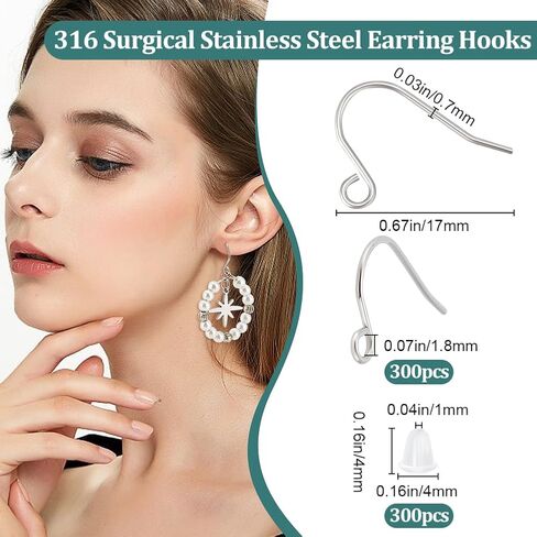 Beebeecraft 1 Box 300Pcs 316 Surgical Stainless Steel Earring Hooks with Loop Dangle Earring Findings for DIY Jewelry Making (Pin: 0.7mm/0.03in, 21 Gauge) in Saudi Arabia