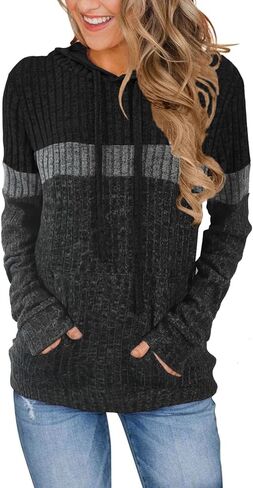 MixShe Women’s Color Block Knit Hoodie – Casual Long Sleeve Pullover Sweater Tops with Pocket in Kuwait